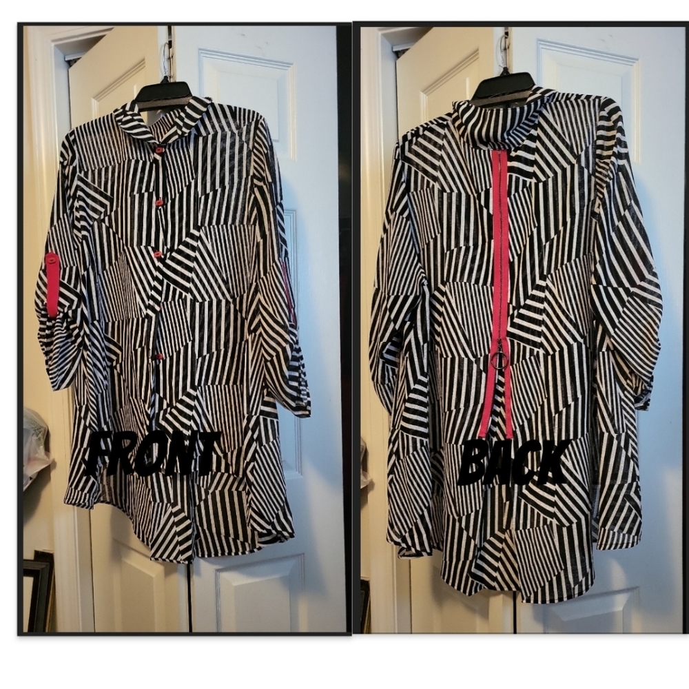 Blk, Wht with a splash of Red over-sized shirt